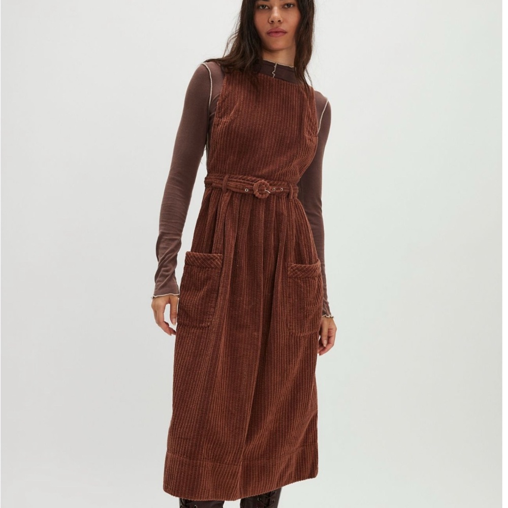 Free People Chocolate Brown Corduroy Pinafore Midi Dress